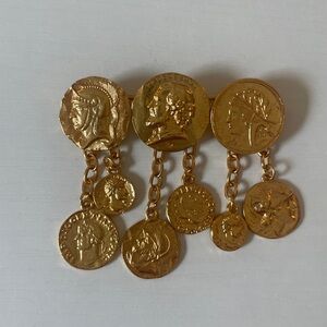 Oscar de la Renta Gold Coin Brooch with Chain Details